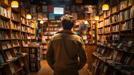 Fototapeta premium Teen standing in a quiet bookstore
