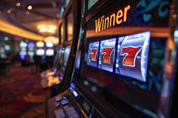 In a vibrant casino, players try their luck on colorful slot machines for a thrilling gamble.