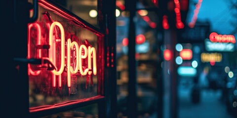 A vibrant neon "Open" sign at a night business establishment, adding a bright urban touch. - Powered by Adobe