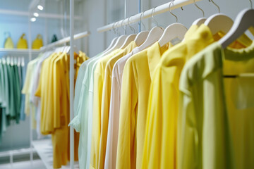 Obraz premium Fashionable clothes on display in a retail store, offering a variety of styles.