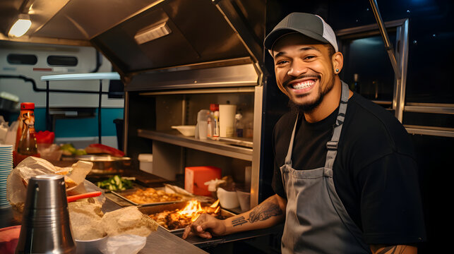 Urban food truck entrepreneur assembles mouth-watering street cuisine, authenticity in his mobile kitchen - Powered by Adobe