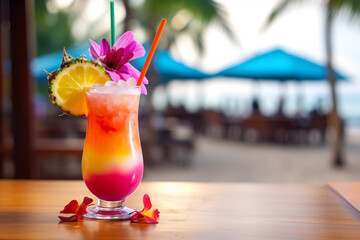 Exotic cocktail placed on beach restaurant table. Generative AI