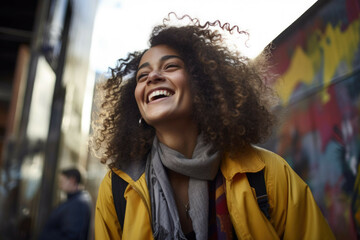 woman with a curly hair laughing - obrazy, fototapety, plakaty