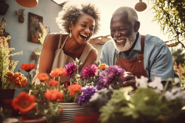 elderly couple together outside planting flowers in pots in their country garden - obrazy, fototapety, plakaty