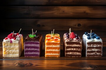Various pieces of cake with berries on wooden background - Powered by Adobe