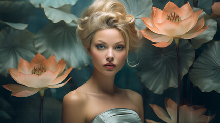Sinnliches Retro-Portrait einer schönen blonden Frau im Stil der 50er Jahre, mit Lotusblumen. Fotorealistische Illustration - obrazy, fototapety, plakaty