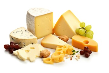 Various types of cheese on white background