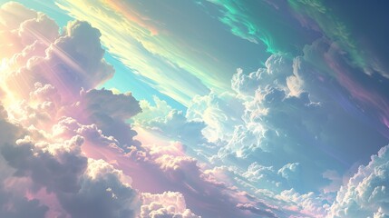 Fototapeta na wymiar The sky and clouds shimmer in rainbow colors, depicted in a beautiful landscape with a fantastical style reminiscent of pastel dreams.