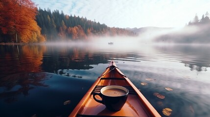 Morning Kayaking in the Mountains: A Serene Scene with a Cup of Coffee or Tea on the Kayak's Front, Surrounded by Colorful Nature and Aesthetic Pleasures - obrazy, fototapety, plakaty