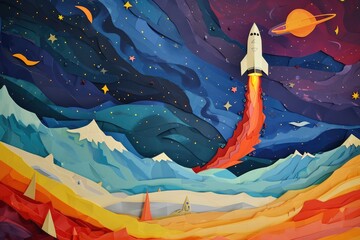 A vibrant abstract masterpiece emerges as a child's imagination takes flight, blending bold strokes of acrylic paint into a modern interpretation of a rocket launching into the unknown