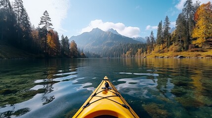 Morning Kayaking in the Mountains: Surrounded by Colorful Nature and Aesthetic Pleasures - obrazy, fototapety, plakaty