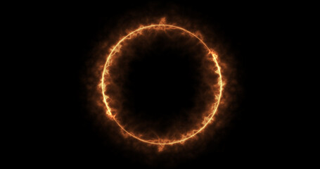 Fiery ray generated in a circle frame sparks and flares background. Fire moving in circular design illuminated inferno blaze glowing background with burns dusts and gas. Eclipse fireball animation.