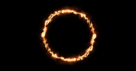 Fiery ray generated in a circle frame sparks and flares background. Fire moving in circular design illuminated inferno blaze glowing background with burns dusts and gas. Eclipse fireball animation. - obrazy, fototapety, plakaty