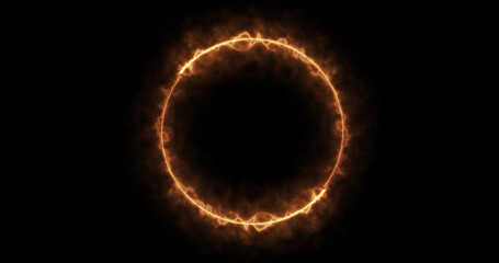 Fiery ray generated in a circle frame sparks and flares background. Fire moving in circular design illuminated inferno blaze glowing background with burns dusts and gas. Eclipse fireball animation.