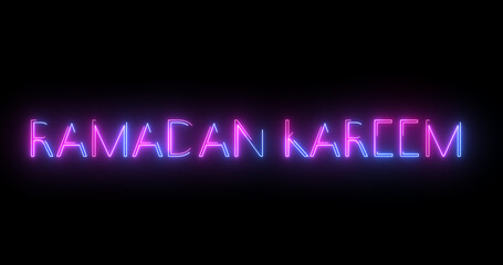 Glowing Ramadan Kareem Text animation with neon sign effect. Glittering glowing Islamic month of spirituality, hajj background. Elegant neon style glowing Happy Ramadan Arabic background.