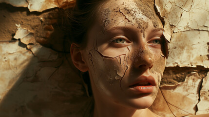 Abstract backdrop, dry skin desert texture lifts from woman's face