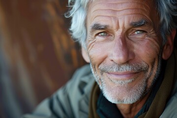 An elderly man exudes warmth and wisdom as he smiles, his grey hair and beard framing his kind face, with wrinkles and creases telling the story of a life well-lived