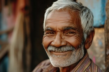 A wise and content senior citizen with a face full of wrinkles and a white beard smiles warmly, his skin weathered by years of experience, wearing traditional clothing as he stands outdoors with his 