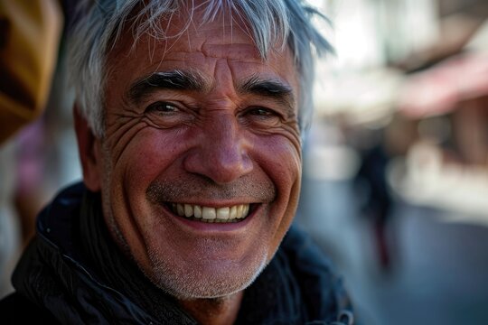 A joyful man beams with confidence as he poses for a portrait on a bustling street, his wrinkles adding character to his warm smile and his sharp eyebrows framing his genuine expression