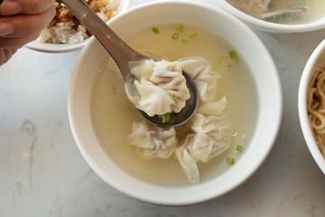 Wonton dumpling soup, distinctive and famous cuisine of Taiwanese food.