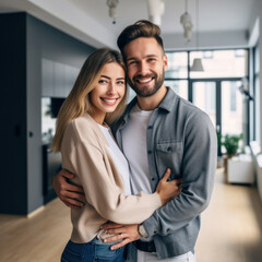 Fototapeta premium Nestled Dreams: Radiant Couple Embarks on a Journey in Their New Sanctuary