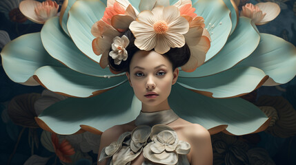 Sinnliches Portrait einer Frau mit Lotusblumen. Dezent asiatischer Stil. Gedeckte Pastellfarben. Fotorealistische Illustration - obrazy, fototapety, plakaty