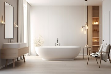 Fototapeta na wymiar Contemporary modern classic minimalist bathroom with a freestanding bathtub, sleek fixtures, and a neutral color palette