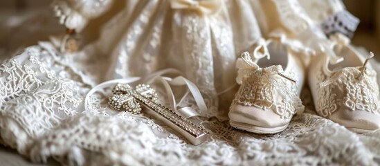 Fototapeta na wymiar Orthodox christening clothes with baby girl baptism shoes and cross.