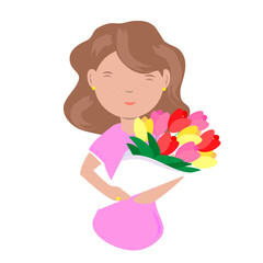 Girl with Flowers , Abstract background,  Valentines day, Transparent  illustration, Birthday, Romantic, Flat Design, Womens day, Bouquet