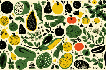an abstract illustration of various fruits and vegetables on green and ivory