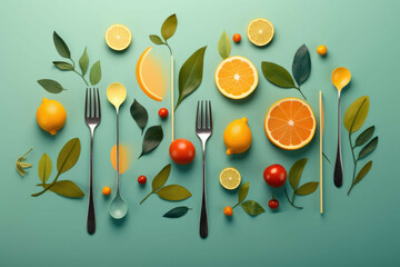 vintage cutlery set of lemons in various shapes and colors oranges banana - obrazy, fototapety, plakaty