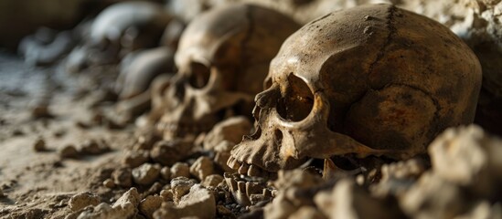 Excavation finding human remains, skeletal bones, and skulls in an underground tomb.