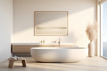 Contemporary modern classic minimalist bathroom with a freestanding bathtub, sleek fixtures, and a neutral color palette