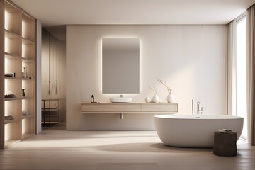 Contemporary modern classic minimalist bathroom with a freestanding bathtub, sleek fixtures, and a neutral color palette