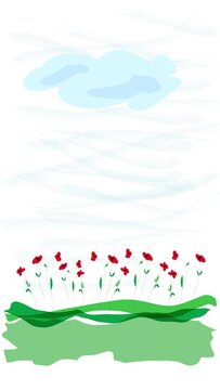Animated background spring,  poppies on the lawn, childish drawing handmade. Springtime. Vertical video