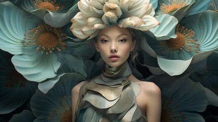 Sinnliches Portrait einer Frau mit Lotusblumen. Dezent asiatischer Stil. Gedeckte Pastellfarben. Fotorealistische Illustration