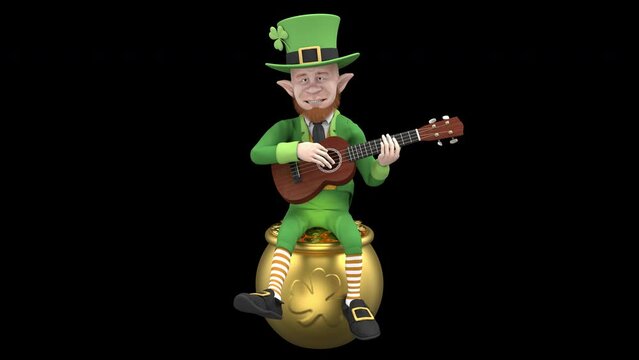 Leprechaun playing guitar on the gold pot - 3d render looped with alpha channel.