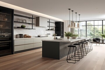 Contemporary modern classic minimalist kitchen, blending functionality with timeless elegance and a focus on clean design