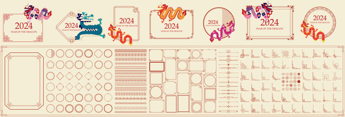 Asian golden chinese, korean and japanese frames and borders. Frames with asian ornaments. Vintage gold decor