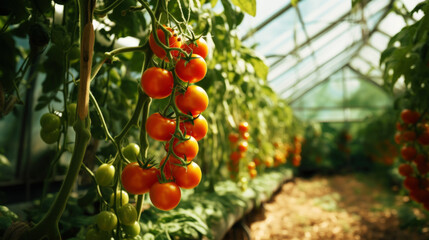 Ripe red tomatoes cluster in greenhouse. Vegetable on organic farm concept . Generative AI - Powered by Adobe