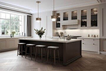 Contemporary modern classic minimalist kitchen, blending functionality with timeless elegance and a focus on clean design