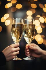 Two glasses with champagne on blurred background. Happy New Year