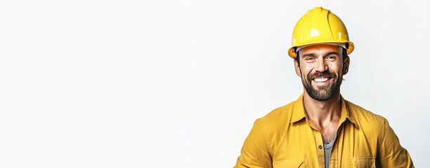 Smiling male professional constructor with a tool in a service uniform, white background isolate. - obrazy, fototapety, plakaty