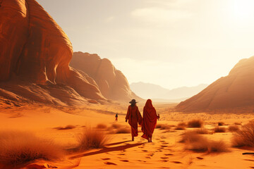 Travelers walk along the desert dunes in the light of the sunset.