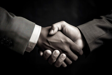 Strong friendly partnership business handshake of two male hands, dark background isolate.