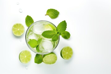 Flat lay of alcoholic mojito with ice and mint on white background