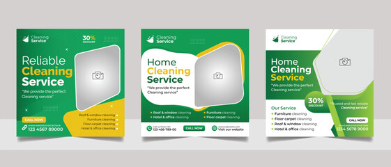 Professional cleaning services social media post template set, clean agency marketing web banner square flyer business promotional ads design.