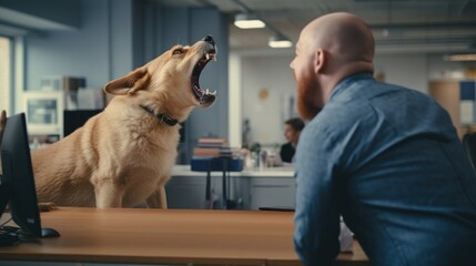 Dog Barking at Startled Man in Office Setting