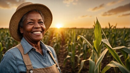 Smiling African American elderly woman in a straw hat standing in a cornfield at sunset.