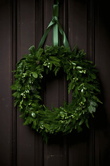 Thick lush green branches in a circular shape, Christmas Wreath on Wooden Fence